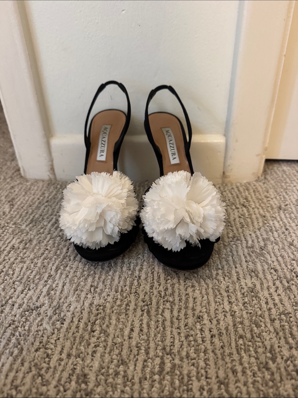 Aquazzura Black Slingback Heels with White Floral Pom